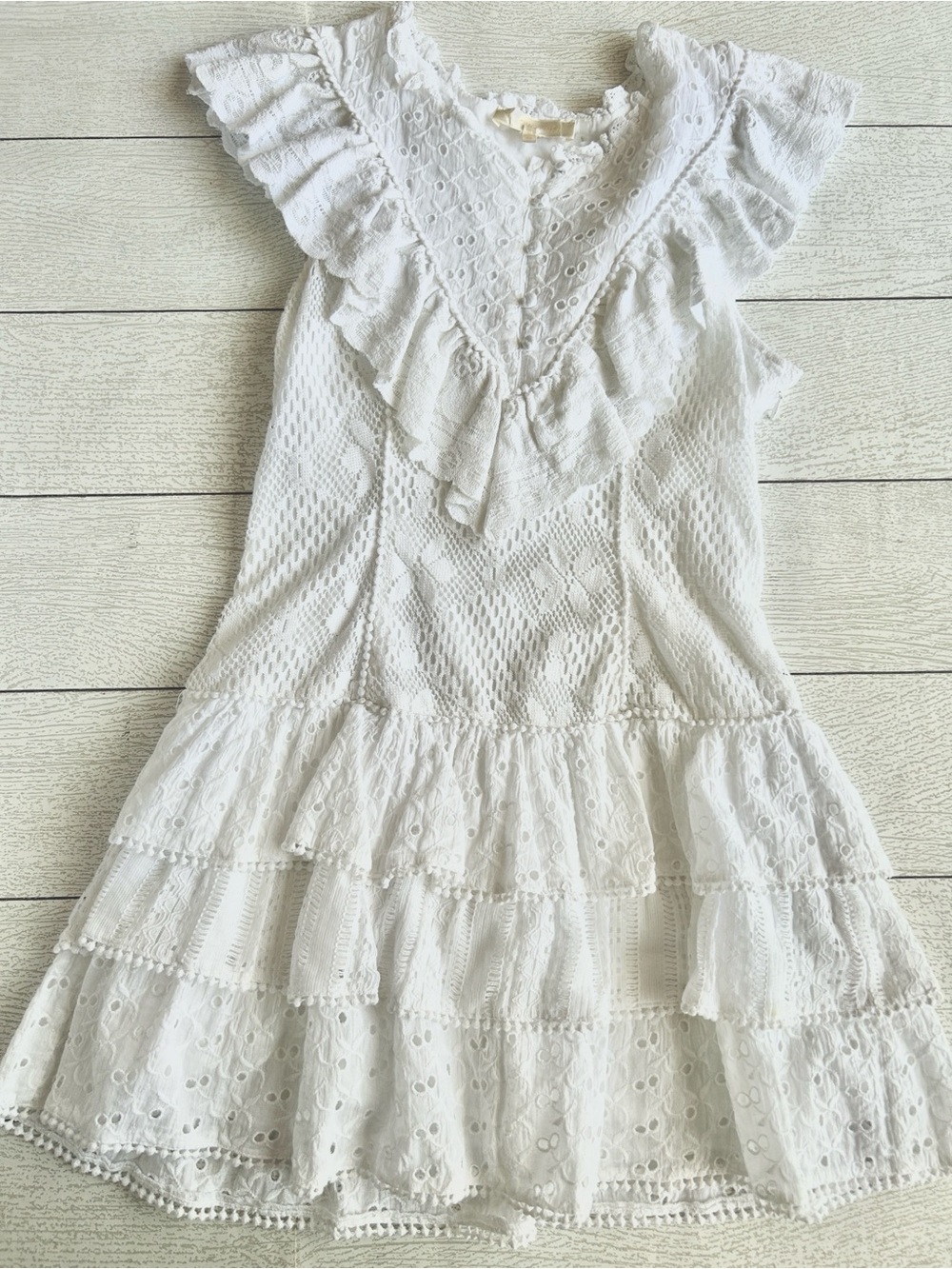 Love Shack Fancy dress OO XS White Ruffle layered short Eyelet EUC